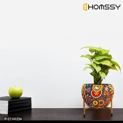 HOMSSY Printed Metal Planter with Tripod Metal Stand Multicoloured Meena (7) | Rust Free Designer Metallic Pots with Stand | Metal Plant Pots for Living Room | Multipurpose Pot (Plants not Included)-thumb4