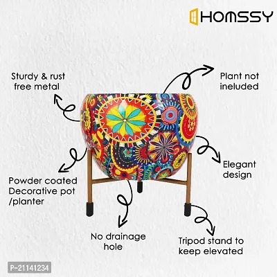 HOMSSY Printed Metal Planter with Tripod Metal Stand Multicoloured Meena (7) | Rust Free Designer Metallic Pots with Stand | Metal Plant Pots for Living Room | Multipurpose Pot (Plants not Included)-thumb5