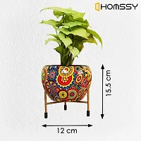 HOMSSY Printed Metal Planter with Tripod Metal Stand Multicoloured Meena (7) | Rust Free Designer Metallic Pots with Stand | Metal Plant Pots for Living Room | Multipurpose Pot (Plants not Included)-thumb2