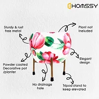 HOMSSY Printed Metal Planter with Tripod Metal Stand Red  White Floral (5) | Rust Free Designer Metallic Pots with Stand | Metal Plant Pots for Living Room | Multipurpose Pot (Plants not Included)-thumb2