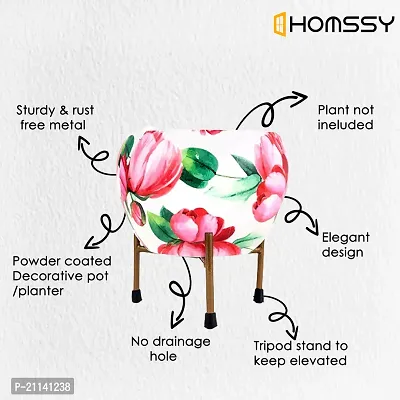 HOMSSY Printed Metal Planter with Tripod Metal Stand Red  White Floral (5) | Rust Free Designer Metallic Pots with Stand | Metal Plant Pots for Living Room | Multipurpose Pot (Plants not Included)-thumb3