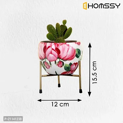 HOMSSY Printed Metal Planter with Tripod Metal Stand Red  White Floral (5) | Rust Free Designer Metallic Pots with Stand | Metal Plant Pots for Living Room | Multipurpose Pot (Plants not Included)-thumb5