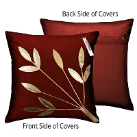 indoAmor Silk Cushion Cover, Golden Leaves Floral Design (Maroon, 16x16 Inches) Set of 5 Covers-thumb3