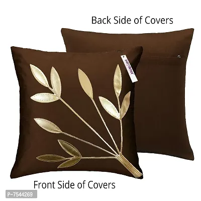 indoAmor Silk Cushion Cover, Golden Leaves Design (Brown and White, 16x16 Inches) Set of 5 Covers-thumb4