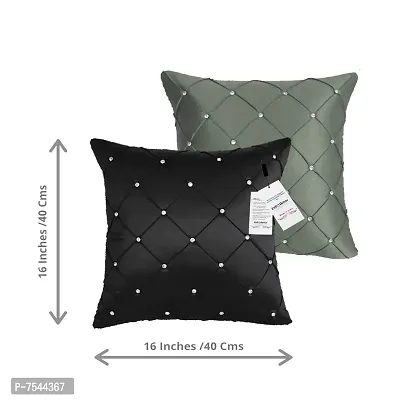 indoAmor Pintex Crystal Stone Work Satin Throw/Pillow Cushion Covers (16x16 Inches, Grey Black) - Set of 5 Covers-thumb2