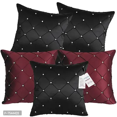 indoAmor Pintex Crystal Stone Work Satin Throw/Pillow Cushion Covers (16x16 Inches, Black Maroon) - Set of 5 Covers