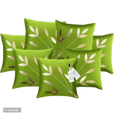 indoAmor Silk Cushion Covers, Leaves Pattern (16X16 Inches, Green) Set of 7 Covers
