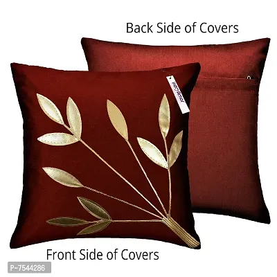indoAmor Silk Cushion Cover, Golden Leaves Design (Maroon and White, 16x16 Inches) Set of 5 Covers-thumb4