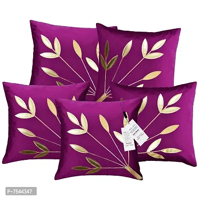 indoAmor Silk Cushion Cover, Golden Leaves Floral Design (Purple, 16x16 Inches) Set of 5 Covers