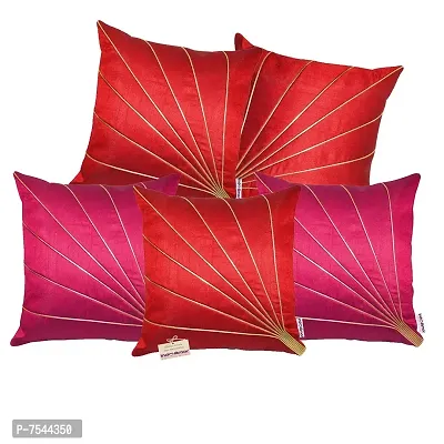 indoAmor Stripes Pattern Silk Cushion Covers (Red  Pink, 16x16 inches) - Set of 5 Pieces