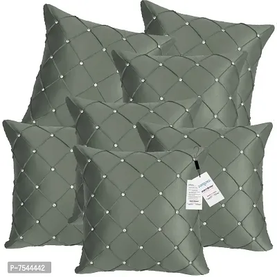 indoAmor Pintex Crystal Stone Work Satin Throw/Pillow Cushion Covers (16x16 Inches, Grey) - Set of 7 Covers