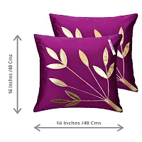 indoAmor Silk Cushion Cover, Golden Leaves Floral Design (Purple, 16x16 Inches) Set of 5 Covers-thumb1