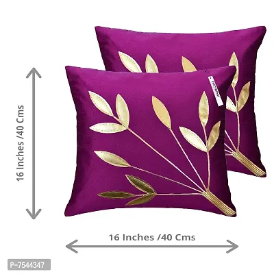 indoAmor Silk Cushion Cover, Golden Leaves Floral Design (Purple, 16x16 Inches) Set of 5 Covers-thumb2