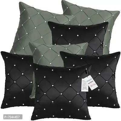 indoAmor Pintex Crystal Stone Work Satin Throw/Pillow Cushion Covers (16x16 Inches, Black Grey) - Set of 7 Covers