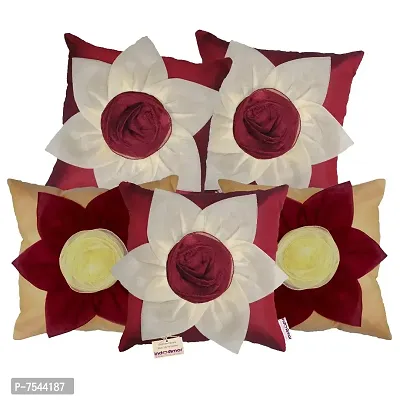 indoAmor Flower Silk Cushion Cover (Maroon and Beige, 16x16 Inches) - Set of 5 Pieces