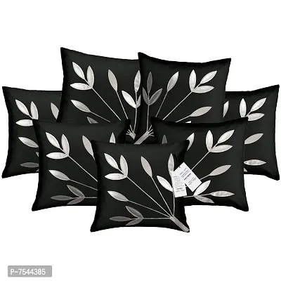 indoAmor Silk Cushion Covers, Leaves Pattern (16X16 Inches, Black) Set of 7 Covers