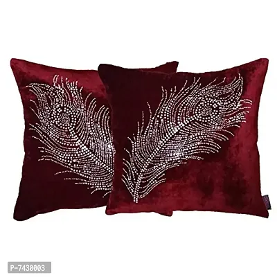 indoAmor Comfortable Peacock Feather Velvet and Lycra Cushion Covers - Set Of 2