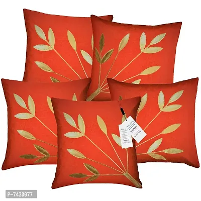 indoAmor Comfortable Silk Cushion Covers Golden Leaves Floral Design - Set Of 5