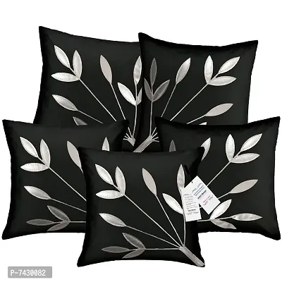 indoAmor Comfortable Silk Cushion Covers Silver Leaves Design - Set Of 5
