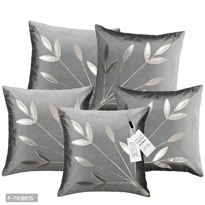 indoAmor Comfortable Silk Cushion Covers Silver Leaves Floral Design - Set Of 5