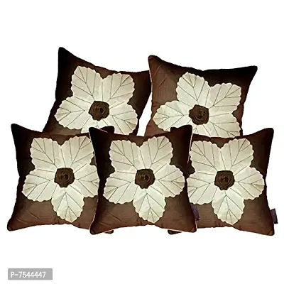 indoAmor Flower Silk Cushion Cover (Brown, 16x16 Inches) - Set of 5 Pieces