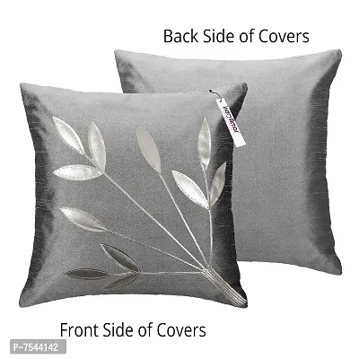 indoAmor Silk Cushion Cover, Silver Leaves Design (Black and Grey, 16x16 Inches) Set of 5 Covers-thumb4