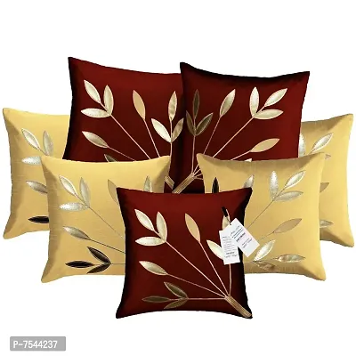 indoAmor Silk Cushion Covers, Leaves Pattern (16X16 Inches, Fawn Maroon) Set of 7 Covers