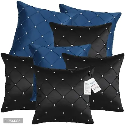 indoAmor Pintex Crystal Stone Work Satin Throw/Pillow Cushion Covers (16x16 Inches, Black Blue) - Set of 7 Covers