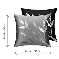 indoAmor Silk Cushion Cover, Silver Leaves Design (Black and Grey, 16x16 Inches) Set of 5 Covers-thumb1