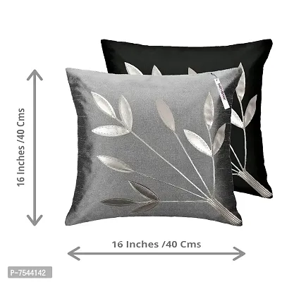 indoAmor Silk Cushion Cover, Silver Leaves Design (Black and Grey, 16x16 Inches) Set of 5 Covers-thumb2