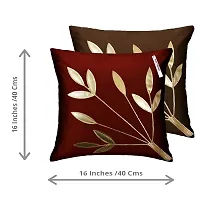 indoAmor Silk Cushion Cover, Golden Leaves Design (Maroon and Brown, 16x16 Inches) Set of 5 Covers-thumb1