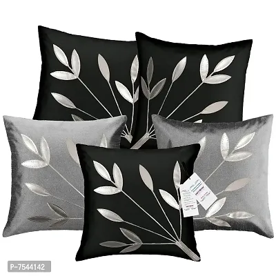 indoAmor Silk Cushion Cover, Silver Leaves Design (Black and Grey, 16x16 Inches) Set of 5 Covers