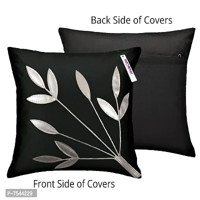 indoAmor Silk Cushion Covers, Leaves Pattern (16X16 Inches, Grey Black) Set of 7 Covers-thumb4