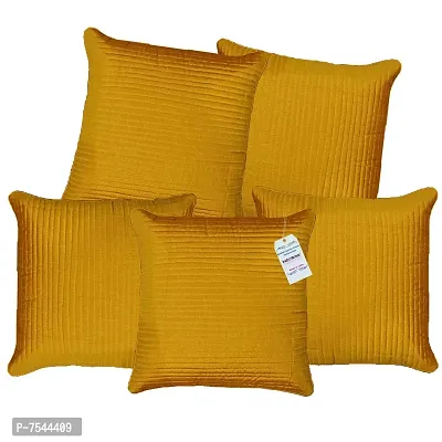 indoAmor Quilted Stripes Silk Cushion Cover (Yellow, 16x16 Inches) Set of 5 Pieces