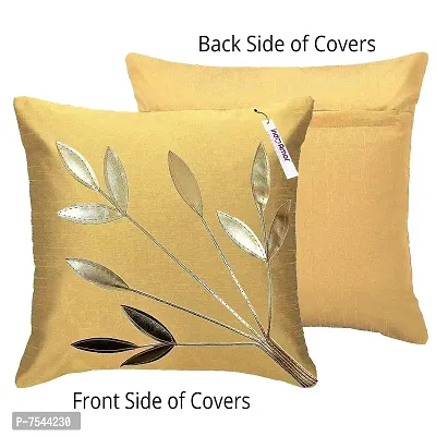 indoAmor Silk Cushion Cover, Golden Leaves Floral Design (Fawn, 16x16 Inches) Set of 5 Covers-thumb3