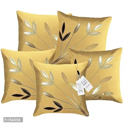 indoAmor Silk Cushion Cover, Golden Leaves Floral Design (Fawn, 16x16 Inches) Set of 5 Covers