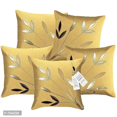 indoAmor Silk Cushion Cover, Golden Leaves Floral Design (Fawn, 16x16 Inches) Set of 5 Covers-thumb0