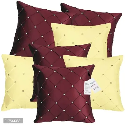 indoAmor Pintex Crystal Stone Work Satin Throw/Pillow Cushion Covers (16x16 Inches, Maroon Fawn) - Set of 7 Covers