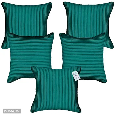 indoAmor Quilted Stripes Silk Cushion Cover with Overlock Stitching (Turquoise, 16x16 Inches) Set of 5 Pieces-thumb0