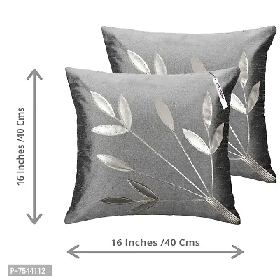 indoAmor Silk Cushion Cover, Silver Leaves Floral Design (Multicolor, 16x16 Inches) Set of 5 Covers-thumb2