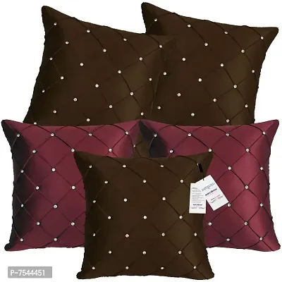 indoAmor Pintex Crystal Stone Work Satin Throw/Pillow Cushion Covers (16x16 Inches, Brown Maroon) - Set of 5 Covers