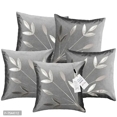 indoAmor Silk Cushion Cover, Silver Leaves Floral Design (Multicolor, 16x16 Inches) Set of 5 Covers