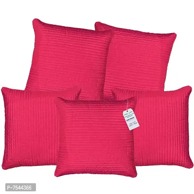 indoAmor Quilted Stripes Silk Cushion Cover (Pink, 16x16 Inches) Set of 5 Pieces