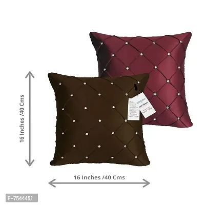 indoAmor Pintex Crystal Stone Work Satin Throw/Pillow Cushion Covers (16x16 Inches, Brown Maroon) - Set of 5 Covers-thumb2