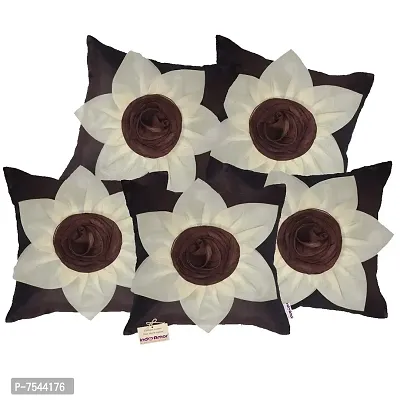 indoAmor Flower Silk Cushion Cover (Brown, 16x16 Inches) - Set of 5 Pieces-thumb0