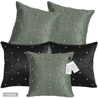 indoAmor Pintex Crystal Stone Work Satin Throw/Pillow Cushion Covers (16x16 Inches, Grey Black) - Set of 5 Covers