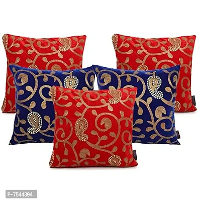 indoAmor Paisley Sequine Embroided Velvet Cushion Covers (Red-Blue 16x16 Inches)- Set of 5 Covers-thumb0