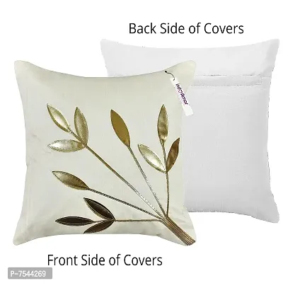 indoAmor Silk Cushion Cover, Golden Leaves Design (Brown and White, 16x16 Inches) Set of 5 Covers-thumb3