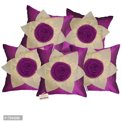 indoAmor Flower Silk Cushion Cover (16x16 Inches) - Set of 5 Pieces (Purple)