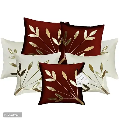 indoAmor Silk Cushion Covers, Leaves Pattern (16X16 Inches, White Maroon) Set of 7 Covers